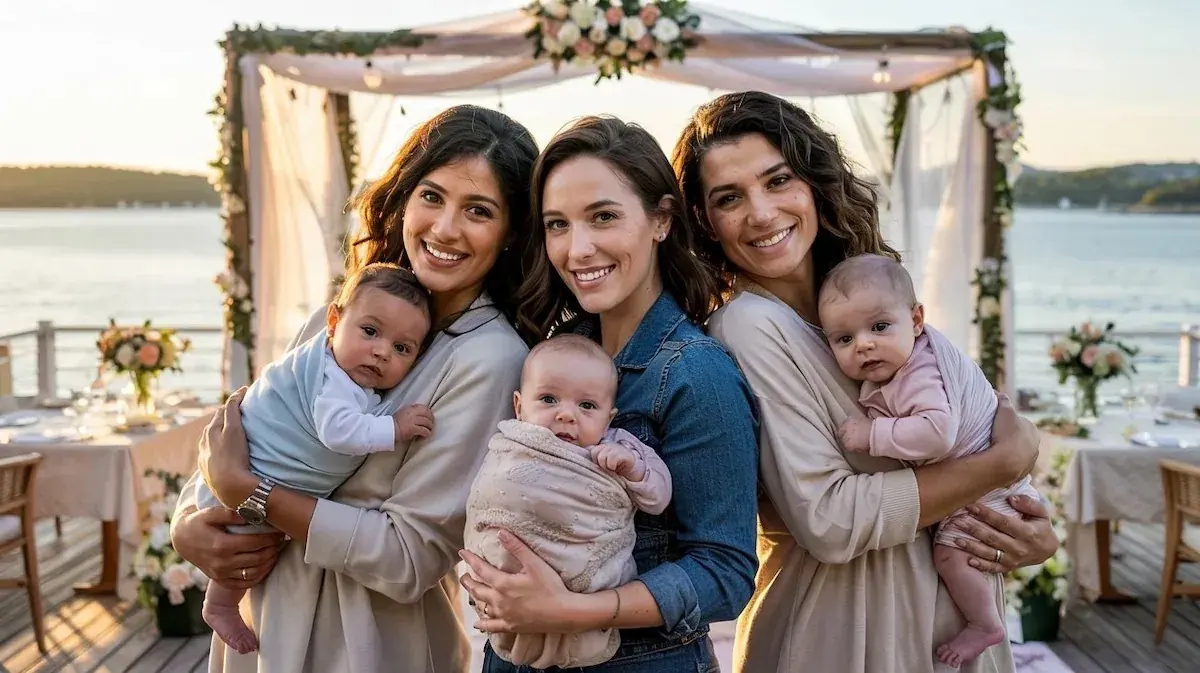 Drie moeders met een baby op de arm, lachend op een terras aan het water met bloemen en een met bloemen versierde prieel