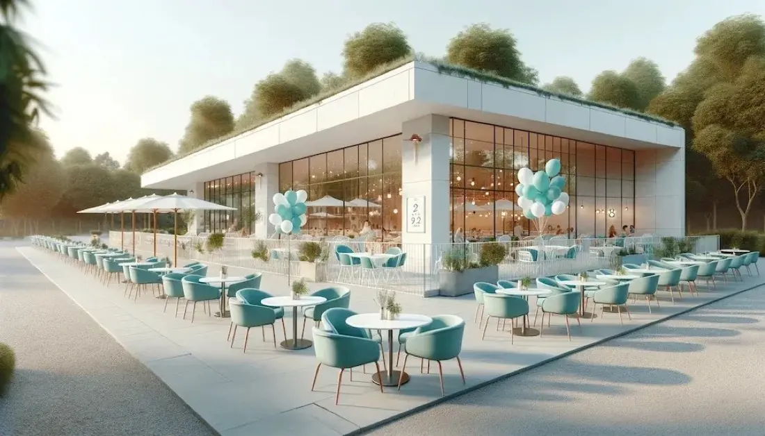 Illustratie van een witte, moderne brasserie met groen dak en een terras met turquoise stoelen en ballonnen