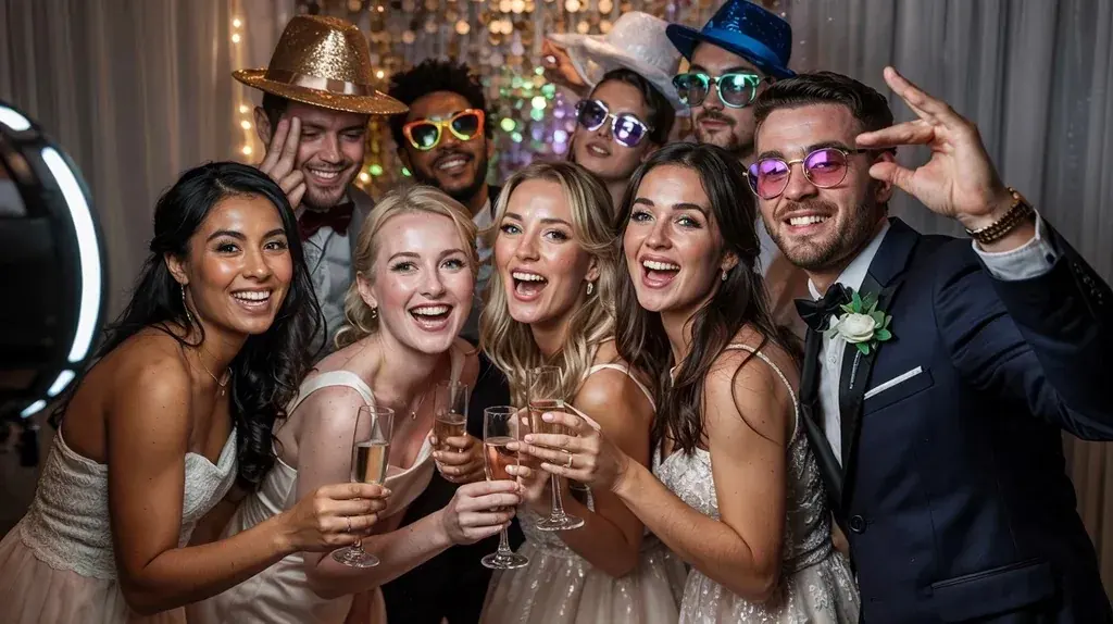 Groep gasten in feestkleding met brillen, hoeden en glazen op een feest