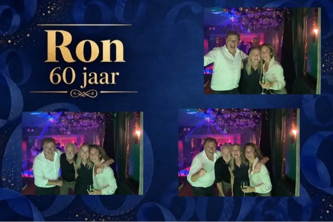 Ansichtkaart van de zestigste verjaardag van de eigenaar van Mauve, met drie foto's en een blauw-gouden ontwerp met naam en leeftijd