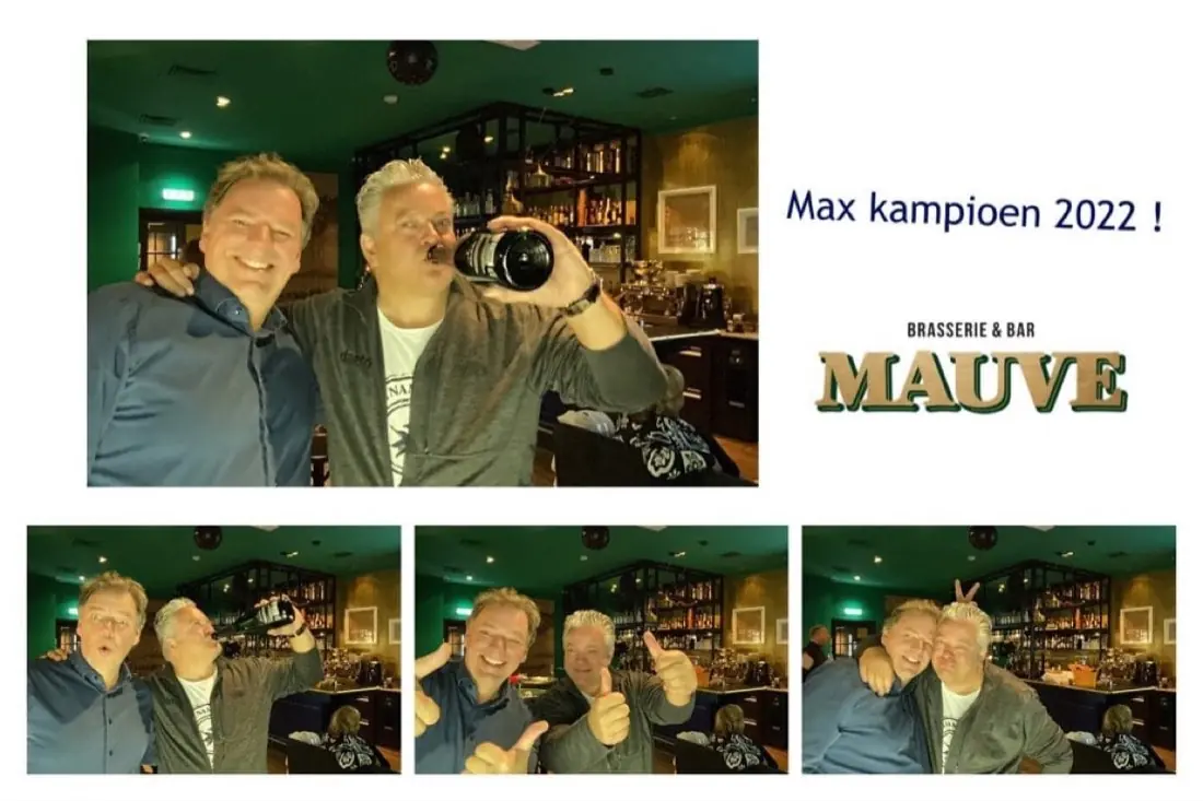 Ansichtkaart 'Max kampioen 2022' van Brasserie Mauve met drie foto's van gasten