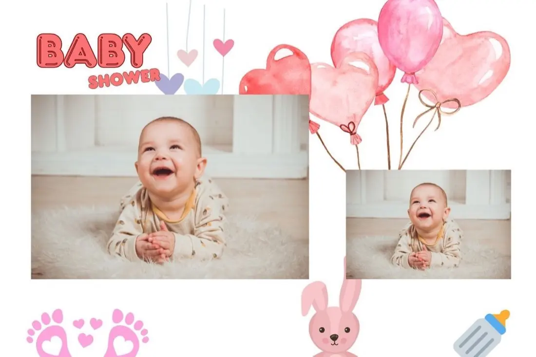 Voorbeeld van een ansichtkaart voor een babyshower met roze ballonnen, hartjes en een lachende baby