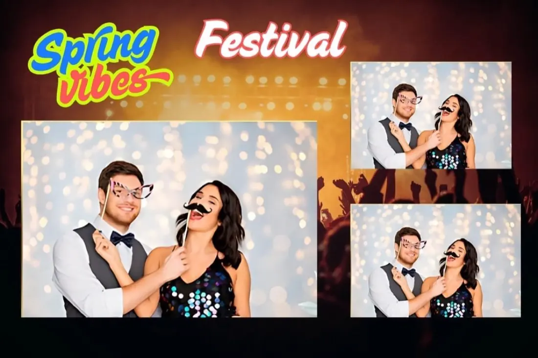 Ansichtkaart in festivalstijl met de tekst Spring vibes festival