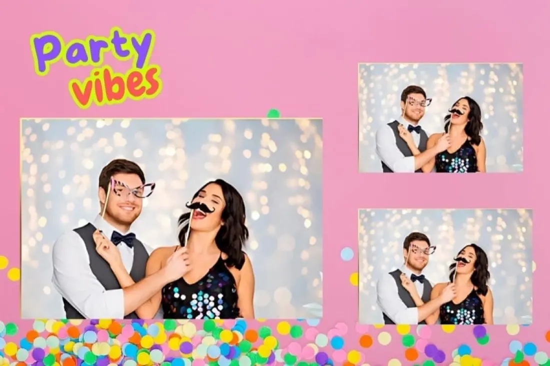 Ansichtkaart met roze achtergrond, confetti en de tekst Party vibes