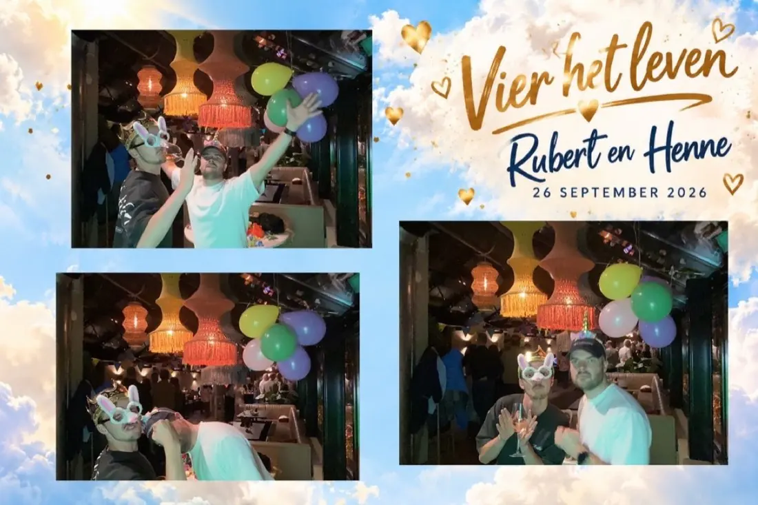 Echte ansichtkaart van een feest met drie foto's en een wolkendesign met namen en datum