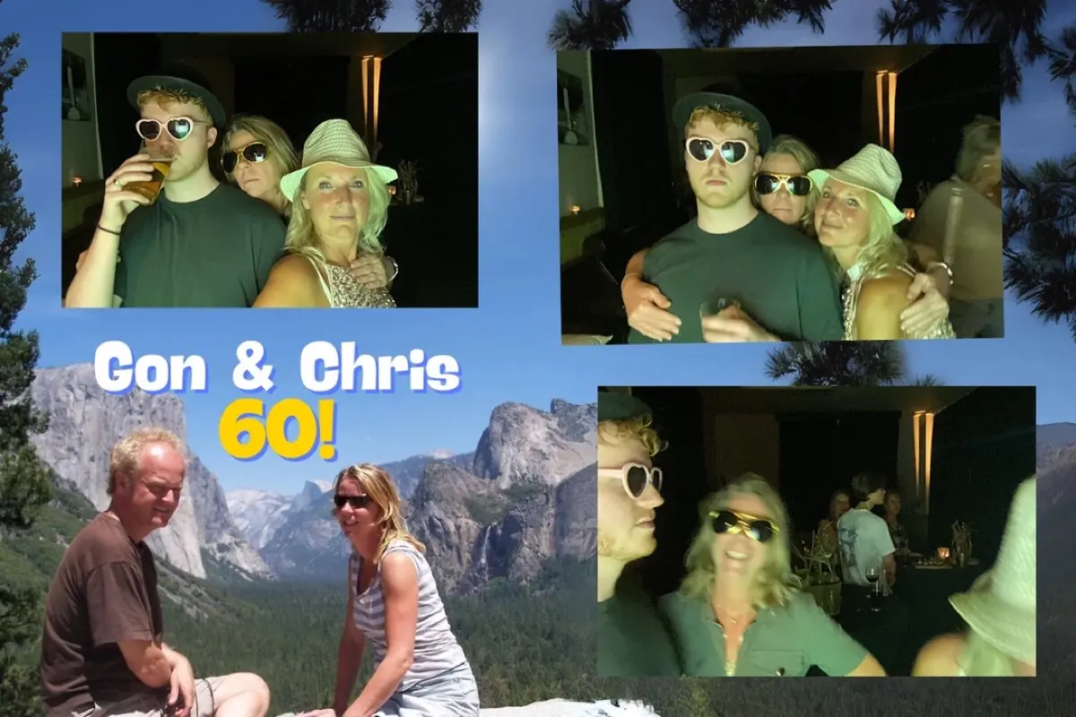 Ansichtkaart voor een 60e verjaardag met drie foto's uit de fotobooth en een persoonlijke foto van het stel in de bergen als achtergrond